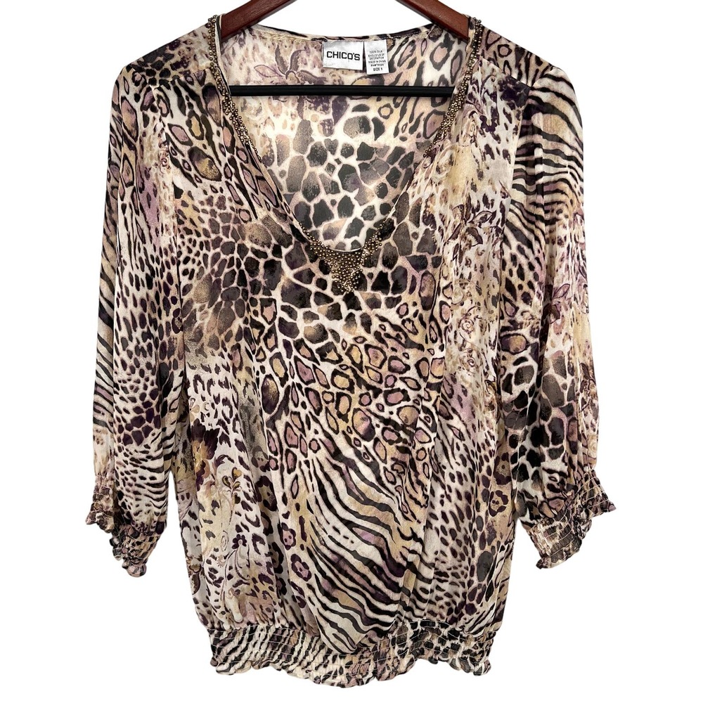 Chicos Sz 1 Medium 100% SILK Sheer Animal Print Blouse Shirt Top 3/4 Sleeve
